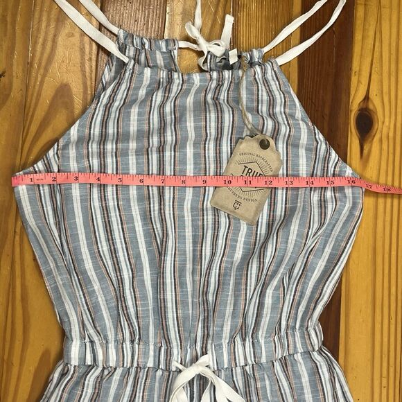 New Striped Romper Sz S Blue White Raw Edge Halter Pockets Beachy True Craft NWT - Picture 3 of 16
